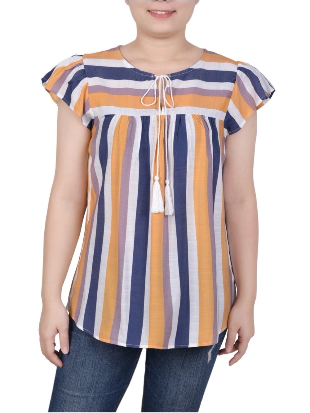 NY Collection Striped Peasant Top in Mustard, Navy & White